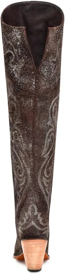 CORRAL LADIE'S BROWN-SILVER METALLIZED LEATHER & EMBROIDERY & SCRUNCHABLE LEATHER TALL TOP POINTED TOE, LEATHER SOLE, COWHIDE LEATHER, URBAN BOOTS, Z5242