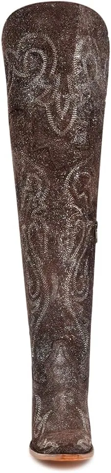 CORRAL LADIE'S BROWN-SILVER METALLIZED LEATHER & EMBROIDERY & SCRUNCHABLE LEATHER TALL TOP POINTED TOE, LEATHER SOLE, COWHIDE LEATHER, URBAN BOOTS, Z5242