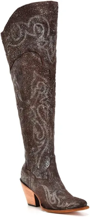CORRAL LADIE'S BROWN-SILVER METALLIZED LEATHER & EMBROIDERY & SCRUNCHABLE LEATHER TALL TOP POINTED TOE, LEATHER SOLE, COWHIDE LEATHER, URBAN BOOTS, Z5242