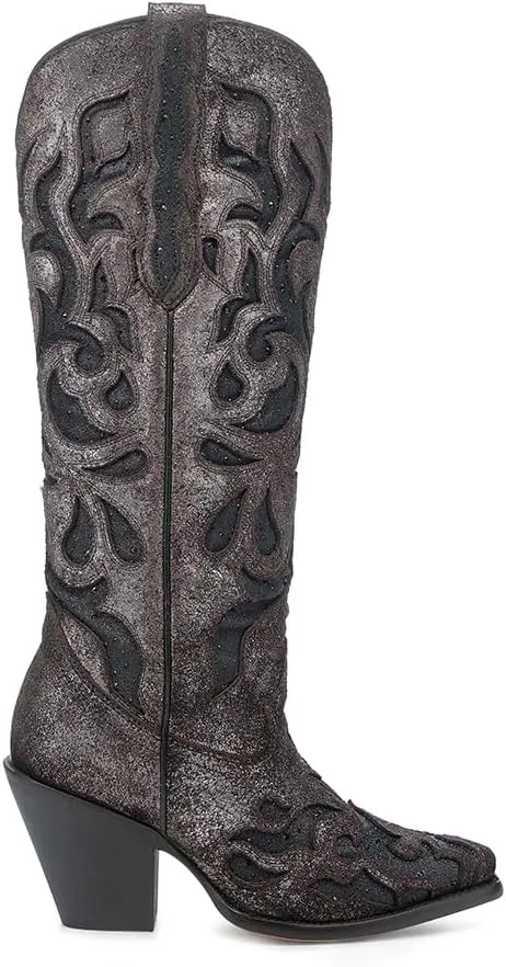 CORRAL LADIE'S BROWN/BLACK EMBROIDERY & GLITTER & CRYSTAL INLAY TALL TOP POINTED TOE, LEATHER SOLE, COWHIDE LEATHER, URBAN BOOT, Z5353