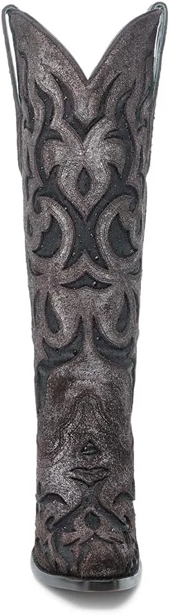 CORRAL LADIE'S BROWN/BLACK EMBROIDERY & GLITTER & CRYSTAL INLAY TALL TOP POINTED TOE, LEATHER SOLE, COWHIDE LEATHER, URBAN BOOT, Z5353