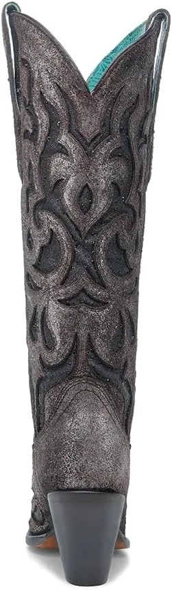 CORRAL LADIE'S BROWN/BLACK EMBROIDERY & GLITTER & CRYSTAL INLAY TALL TOP POINTED TOE, LEATHER SOLE, COWHIDE LEATHER, URBAN BOOT, Z5353