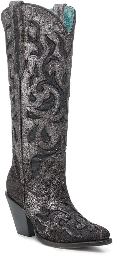 CORRAL LADIE'S BROWN/BLACK EMBROIDERY & GLITTER & CRYSTAL INLAY TALL TOP POINTED TOE, LEATHER SOLE, COWHIDE LEATHER, URBAN BOOT, Z5353