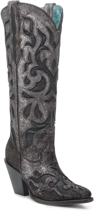 CORRAL LADIE'S BROWN/BLACK EMBROIDERY & GLITTER & CRYSTAL INLAY TALL TOP POINTED TOE, LEATHER SOLE, COWHIDE LEATHER, URBAN BOOT, Z5353