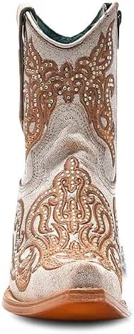 CORRAL LADIE'S DISTRESSED WHITE-HONEY EMBROIDERY & CRYSTALS & ZIPPER ANKLE BOOT, LEATHER SOLE, COWHIDE LEATHER, URBAN BOOTS, C4104