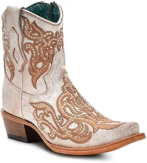 CORRAL LADIE'S DISTRESSED WHITE-HONEY EMBROIDERY & CRYSTALS & ZIPPER ANKLE BOOT, LEATHER SOLE, COWHIDE LEATHER, URBAN BOOTS, C4104
