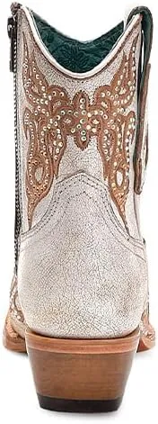 CORRAL LADIE'S DISTRESSED WHITE-HONEY EMBROIDERY & CRYSTALS & ZIPPER ANKLE BOOT, LEATHER SOLE, COWHIDE LEATHER, URBAN BOOTS, C4104