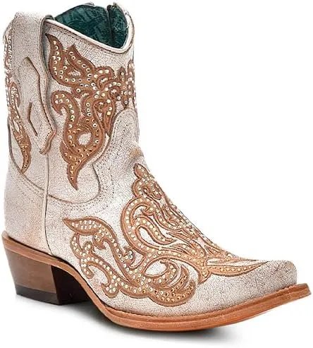CORRAL LADIE'S DISTRESSED WHITE-HONEY EMBROIDERY & CRYSTALS & ZIPPER ANKLE BOOT, LEATHER SOLE, COWHIDE LEATHER, URBAN BOOTS, C4104