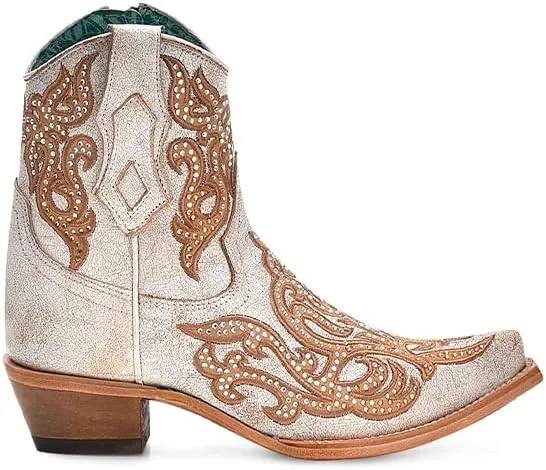 CORRAL LADIE'S DISTRESSED WHITE-HONEY EMBROIDERY & CRYSTALS & ZIPPER ANKLE BOOT, LEATHER SOLE, COWHIDE LEATHER, URBAN BOOTS, C4104