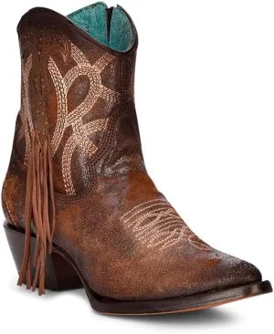 Corral Ladies Ld Cognac Embroidery & Studs & Fringe Ankle Boot Pointed Toe, Pointed Toe, Leather Sole, 7" Shaft, Cowhide Leather, Western Boot, Cognac C3865 Size 10
