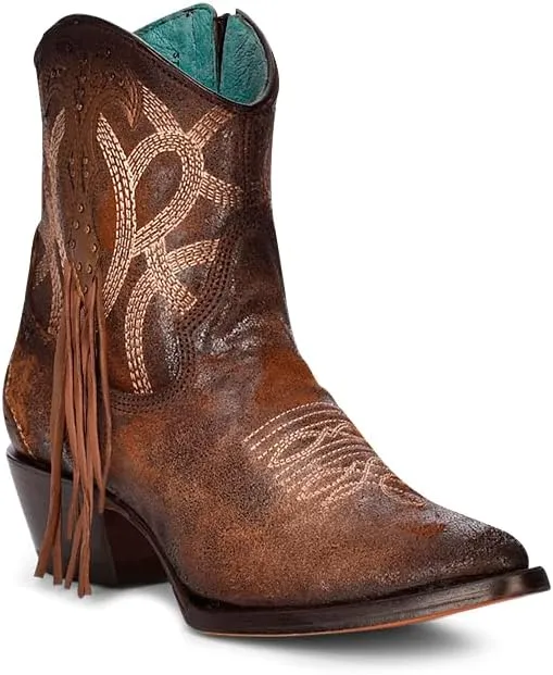 Corral Ladies Ld Cognac Embroidery & Studs & Fringe Ankle Boot Pointed Toe, Pointed Toe, Leather Sole, 7" Shaft, Cowhide Leather, Western Boot, Cognac C3865 Size 10