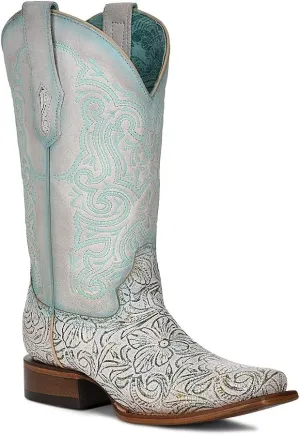 CORRAL LADIES LD WHITE/TURQUOISE EMBROIDERY SQ. TOE, SQUARE TOE, LEATHER Sole, 11" Shaft, COWHIDE Leather, WESTERN BOOT, WHITE/TURQUOISE Z5139 Size