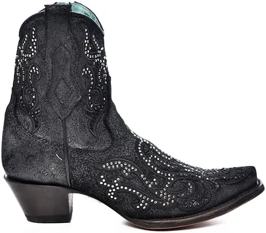 CORRAL LADIE'S OLADIE'S SILVER-BLACK EMBROIDERY & CRYSTALS & ZIPPER ANKLE BOOT, LEATHER SOLE, COWHIDE LEATHER, URBAN BOOTS, C4106
