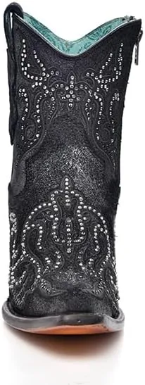 CORRAL LADIE'S OLADIE'S SILVER-BLACK EMBROIDERY & CRYSTALS & ZIPPER ANKLE BOOT, LEATHER SOLE, COWHIDE LEATHER, URBAN BOOTS, C4106