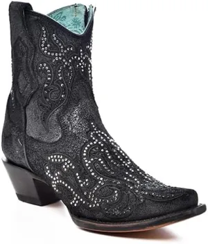 CORRAL LADIE'S OLADIE'S SILVER-BLACK EMBROIDERY & CRYSTALS & ZIPPER ANKLE BOOT, LEATHER SOLE, COWHIDE LEATHER, URBAN BOOTS, C4106