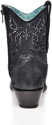 CORRAL LADIE'S OLADIE'S SILVER-BLACK EMBROIDERY & CRYSTALS & ZIPPER ANKLE BOOT, LEATHER SOLE, COWHIDE LEATHER, URBAN BOOTS, C4106