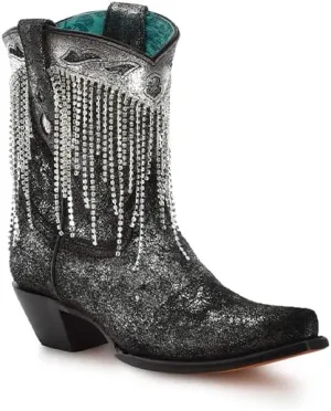 CORRAL LADIE'S OLADIE'S SILVER OVERLAY & EMBROIDERY & CRYSTALS ANKLE BOOT, LEATHER SOLE, COWHIDE LEATHER, URBAN BOOTS, Z5252