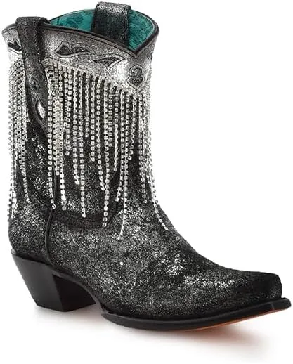 CORRAL LADIE'S OLADIE'S SILVER OVERLAY & EMBROIDERY & CRYSTALS ANKLE BOOT, LEATHER SOLE, COWHIDE LEATHER, URBAN BOOTS, Z5252