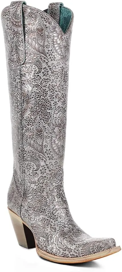 CORRAL LADIE'S SILVER FLORAL EMBROIDERY TALL TOP, LEATHER SOLE, COWHIDE LEATHER, URBAN BOOT, A4482