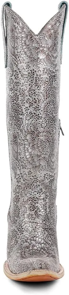 CORRAL LADIE'S SILVER FLORAL EMBROIDERY TALL TOP, LEATHER SOLE, COWHIDE LEATHER, URBAN BOOT, A4482