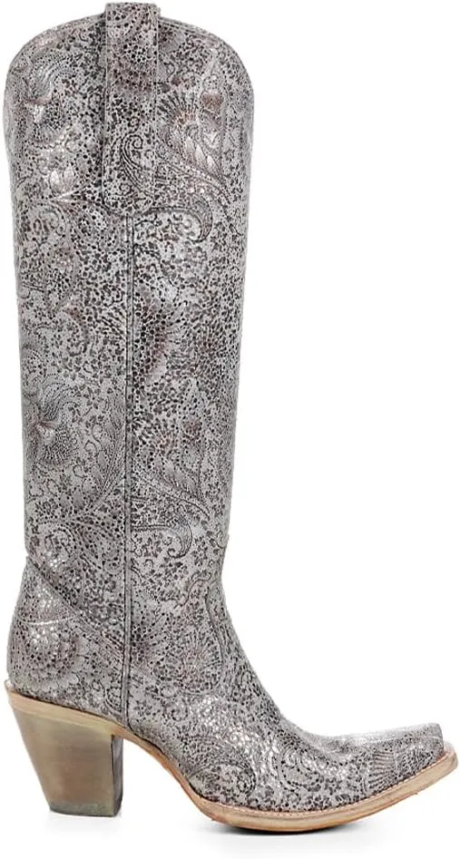 CORRAL LADIE'S SILVER FLORAL EMBROIDERY TALL TOP, LEATHER SOLE, COWHIDE LEATHER, URBAN BOOT, A4482