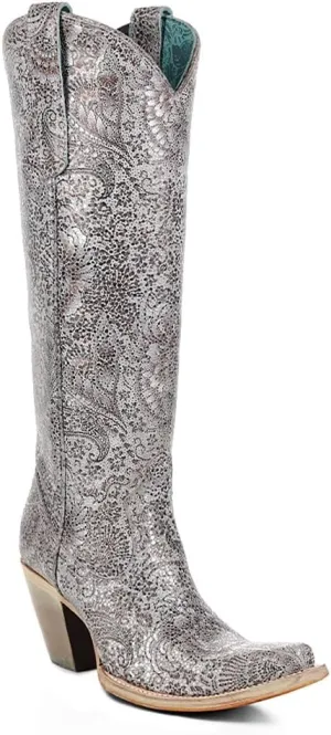 CORRAL LADIE'S SILVER FLORAL EMBROIDERY TALL TOP, LEATHER SOLE, COWHIDE LEATHER, URBAN BOOT, A4482