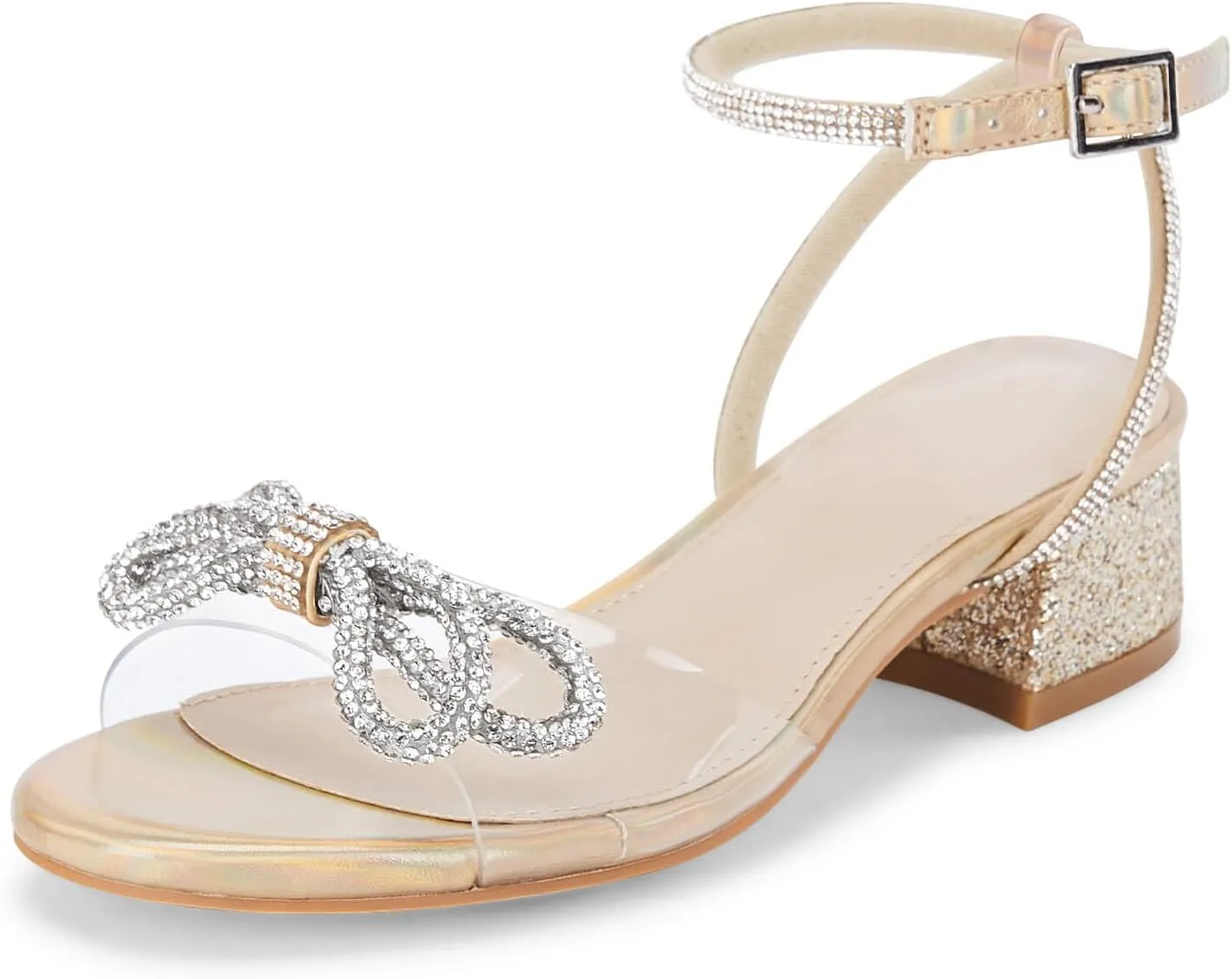 Coutgo Girls Rhinestone Sandals Low Chunky Heels Bow Open Toe Glitter Dress Shoes for Toddler Little Big Kid