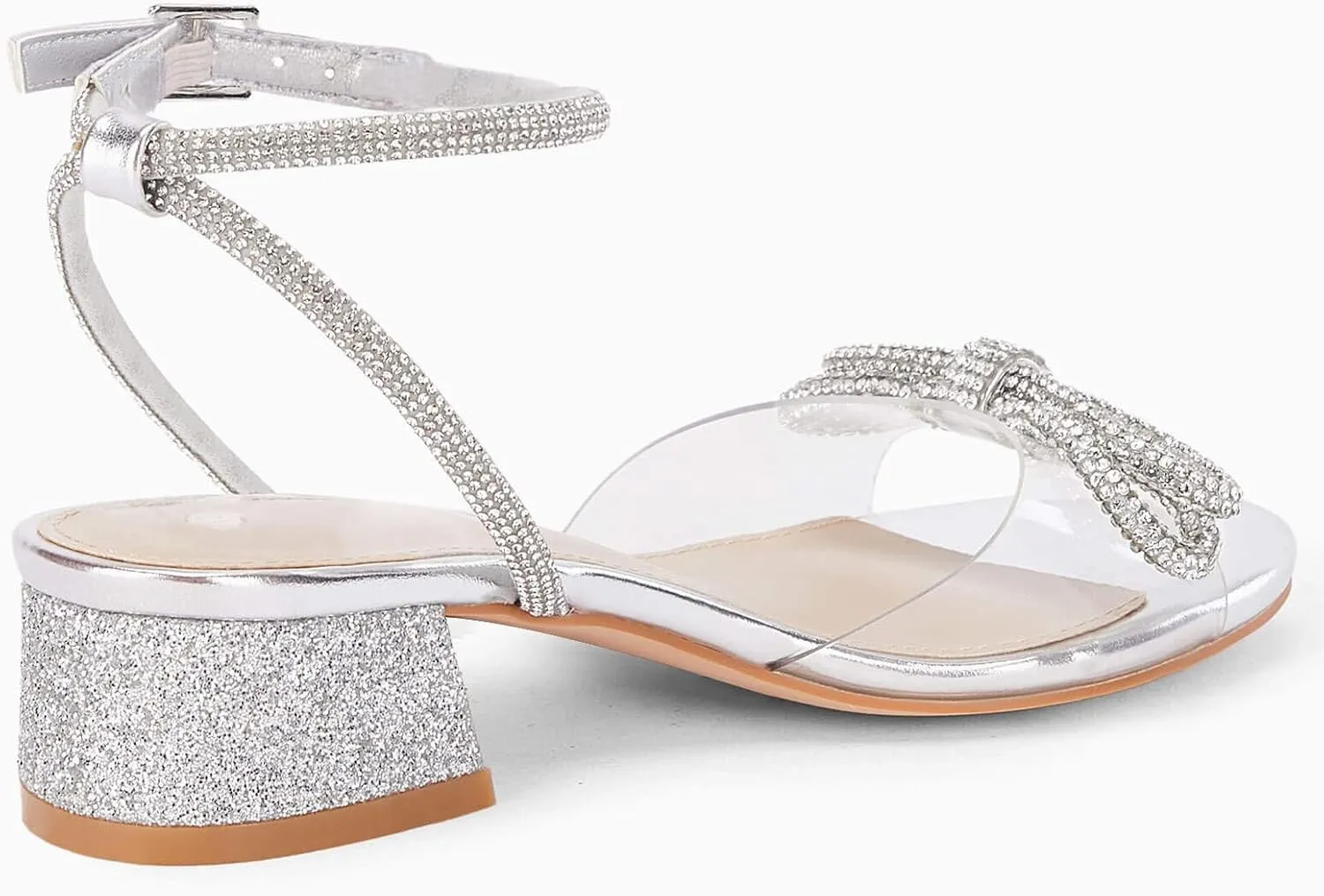 Coutgo Girls Rhinestone Sandals Low Chunky Heels Bow Open Toe Glitter Dress Shoes for Toddler Little Big Kid