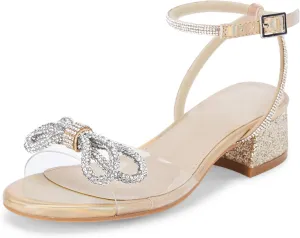 Coutgo Girls Rhinestone Sandals Low Chunky Heels Bow Open Toe Glitter Dress Shoes for Toddler Little Big Kid