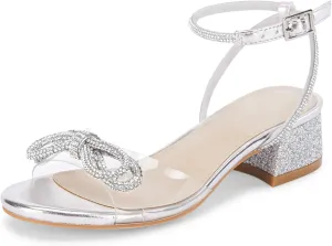 Coutgo Girls Rhinestone Sandals Low Chunky Heels Bow Open Toe Glitter Dress Shoes for Toddler Little Big Kid