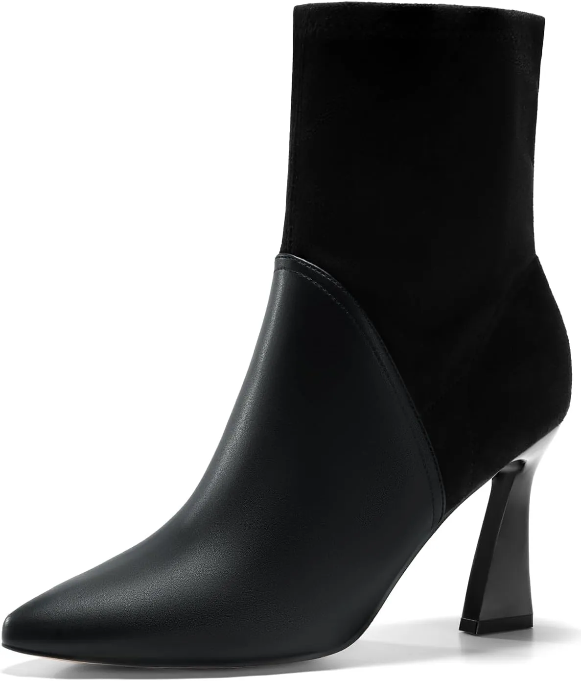 Coutgo Women's Pointed Toe High Heel Ankle Boots Patent Faux Leather Suede Splicing Slip On Fashion Booties