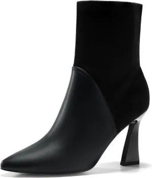 Coutgo Women's Pointed Toe High Heel Ankle Boots Patent Faux Leather Suede Splicing Slip On Fashion Booties