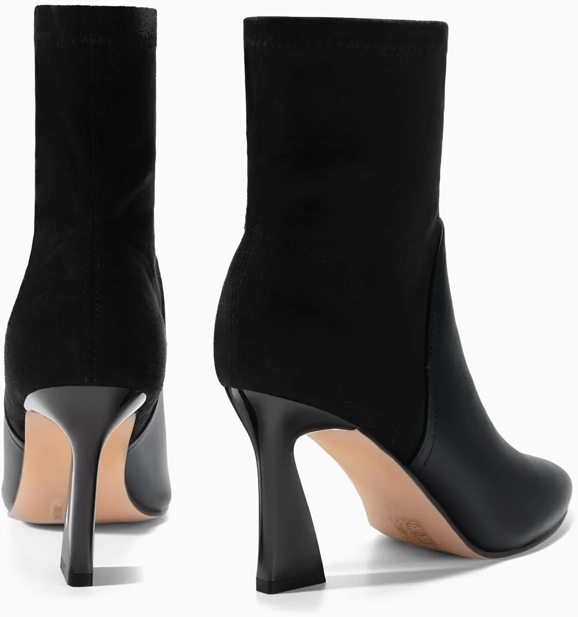 Coutgo Women's Pointed Toe High Heel Ankle Boots Patent Faux Leather Suede Splicing Slip On Fashion Booties
