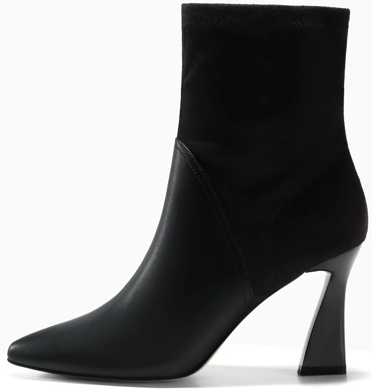 Coutgo Women's Pointed Toe High Heel Ankle Boots Patent Faux Leather Suede Splicing Slip On Fashion Booties