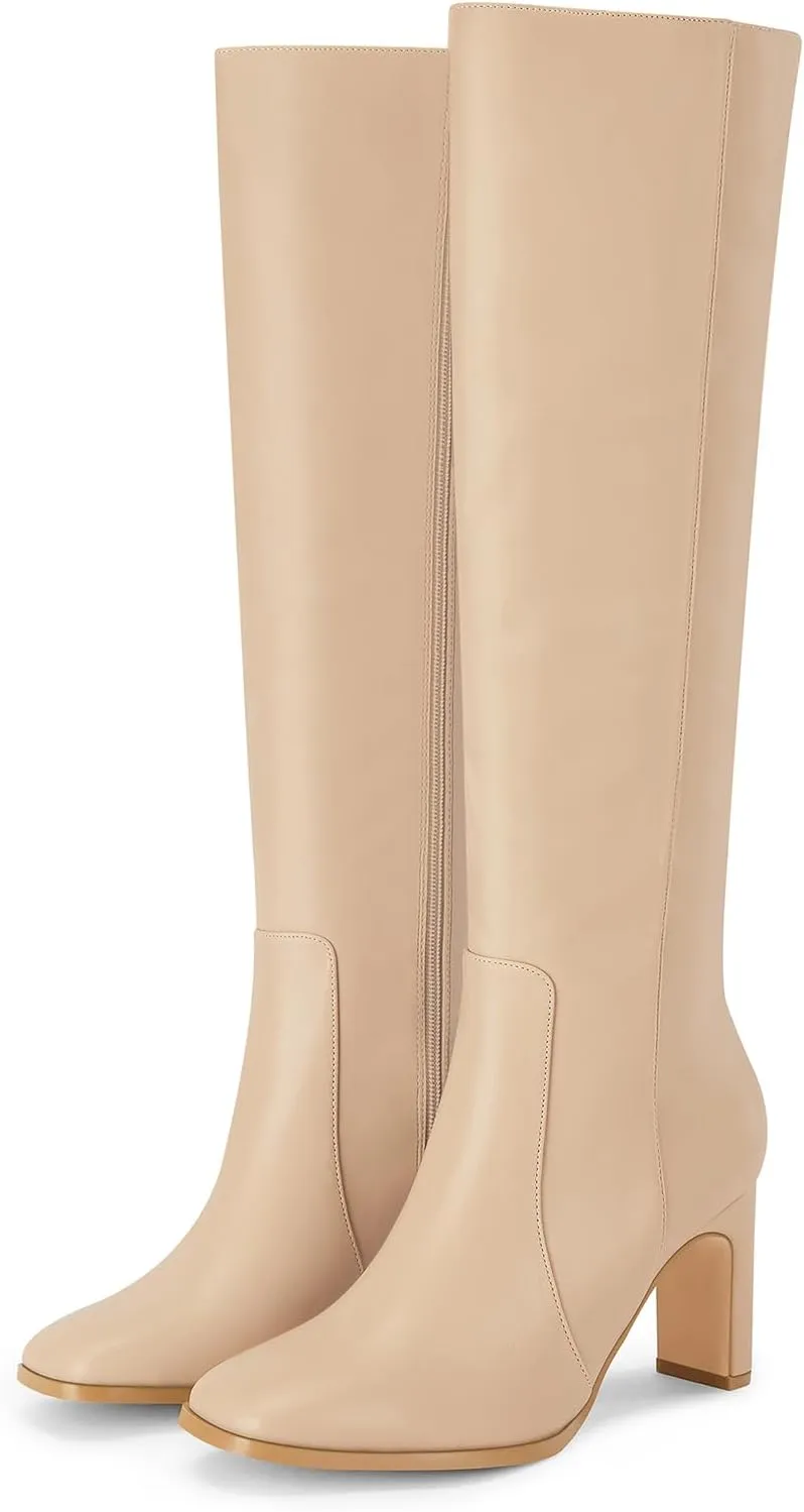 Coutgo Womens Square Toe Knee High Boots Leather Chunky Heel Fashion Dressy Winter Shoes with Side Zipper