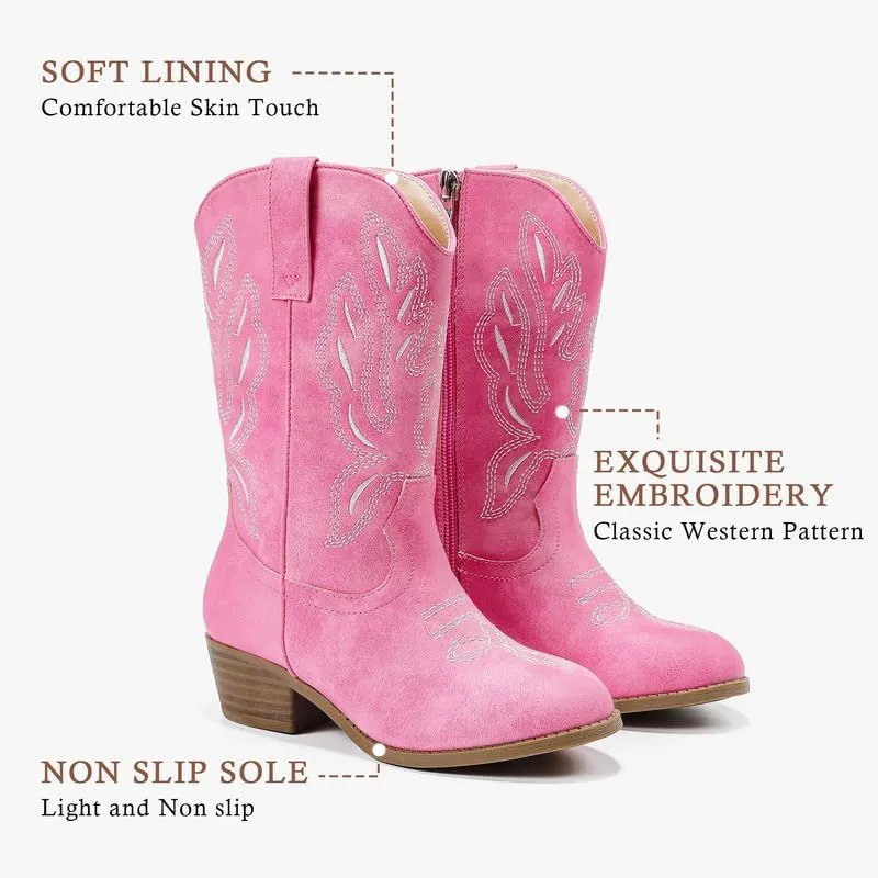 Cowgirl Boots for Little Girls Mid Calf Pointed Toe Kid Cowboy Boots Side Zipper Classic Embroidered Western Boots Horse Riding Shoes Party for Toddler Little Big Kids