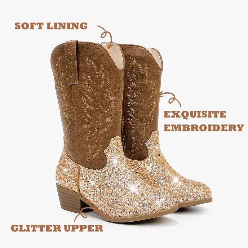 Cowgirl Boots for Little Girls Mid Calf Pointed Toe Kid Cowboy Boots Side Zipper Classic Embroidered Western Boots Horse Riding Shoes Party for Toddler Little Big Kids