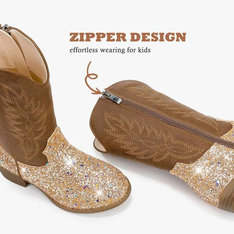 Cowgirl Boots for Little Girls Mid Calf Pointed Toe Kid Cowboy Boots Side Zipper Classic Embroidered Western Boots Horse Riding Shoes Party for Toddler Little Big Kids