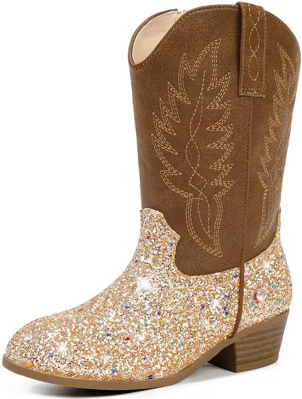 Cowgirl Boots for Little Girls Mid Calf Pointed Toe Kid Cowboy Boots Side Zipper Classic Embroidered Western Boots Horse Riding Shoes Party for Toddler Little Big Kids