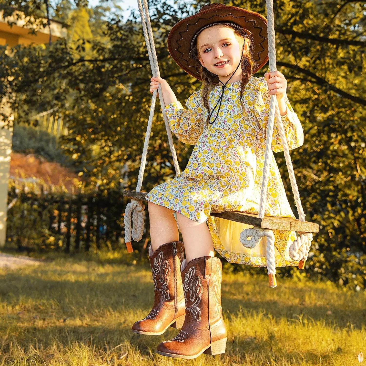 Cowgirl Boots for Little Girls Mid Calf Pointed Toe Kid Cowboy Boots Side Zipper Classic Embroidered Western Boots Horse Riding Shoes Party for Toddler Little Big Kids