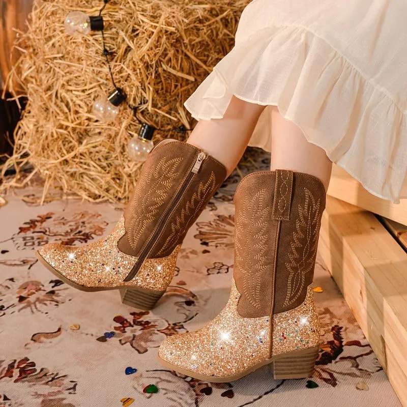 Cowgirl Boots for Little Girls Mid Calf Pointed Toe Kid Cowboy Boots Side Zipper Classic Embroidered Western Boots Horse Riding Shoes Party for Toddler Little Big Kids