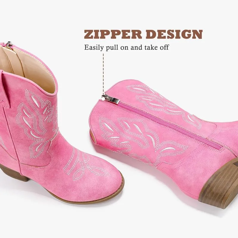 Cowgirl Boots for Little Girls Mid Calf Pointed Toe Kid Cowboy Boots Side Zipper Classic Embroidered Western Boots Horse Riding Shoes Party for Toddler Little Big Kids