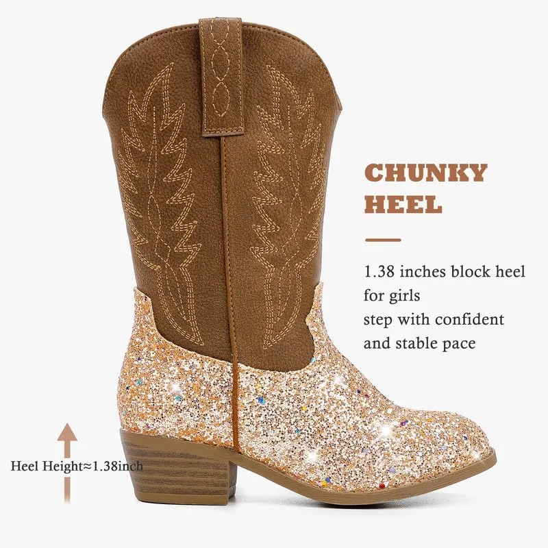 Cowgirl Boots for Little Girls Mid Calf Pointed Toe Kid Cowboy Boots Side Zipper Classic Embroidered Western Boots Horse Riding Shoes Party for Toddler Little Big Kids