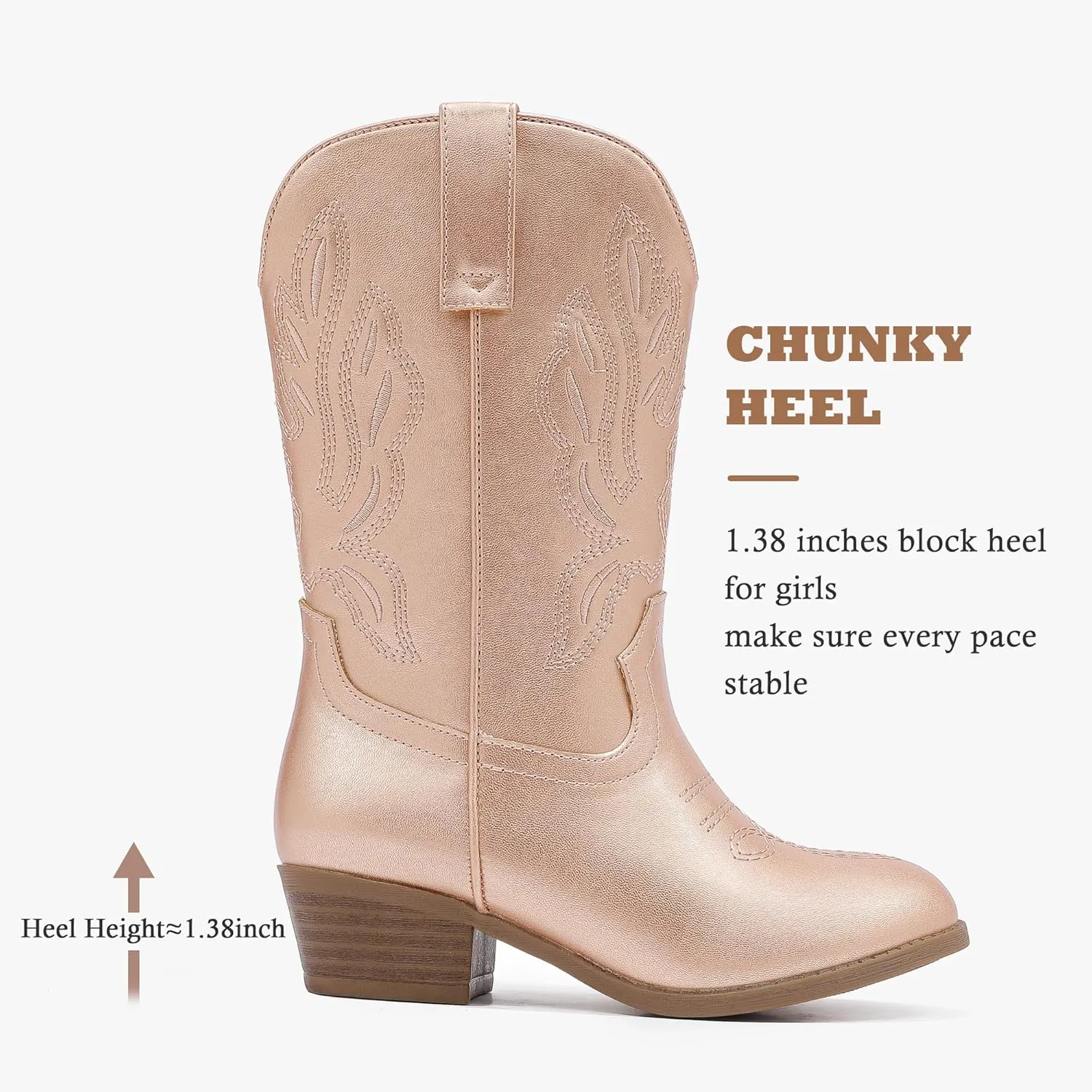 Cowgirl Boots for Little Girls Mid Calf Pointed Toe Kid Cowboy Boots Side Zipper Classic Embroidered Western Boots Horse Riding Shoes Party for Toddler Little Big Kids