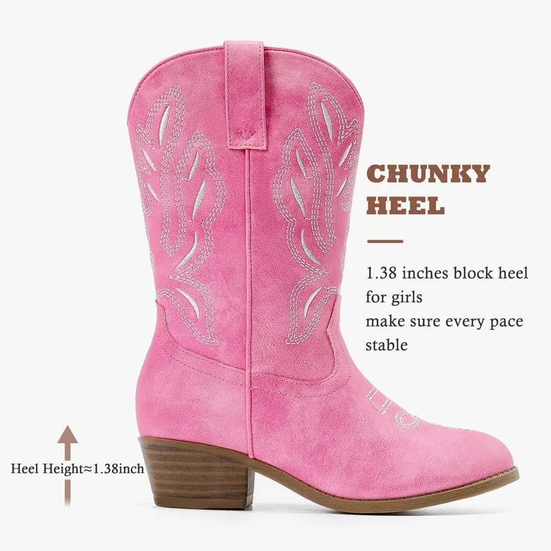 Cowgirl Boots for Little Girls Mid Calf Pointed Toe Kid Cowboy Boots Side Zipper Classic Embroidered Western Boots Horse Riding Shoes Party for Toddler Little Big Kids