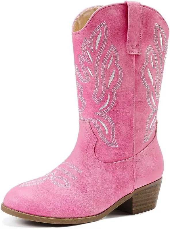 Cowgirl Boots for Little Girls Mid Calf Pointed Toe Kid Cowboy Boots Side Zipper Classic Embroidered Western Boots Horse Riding Shoes Party for Toddler Little Big Kids
