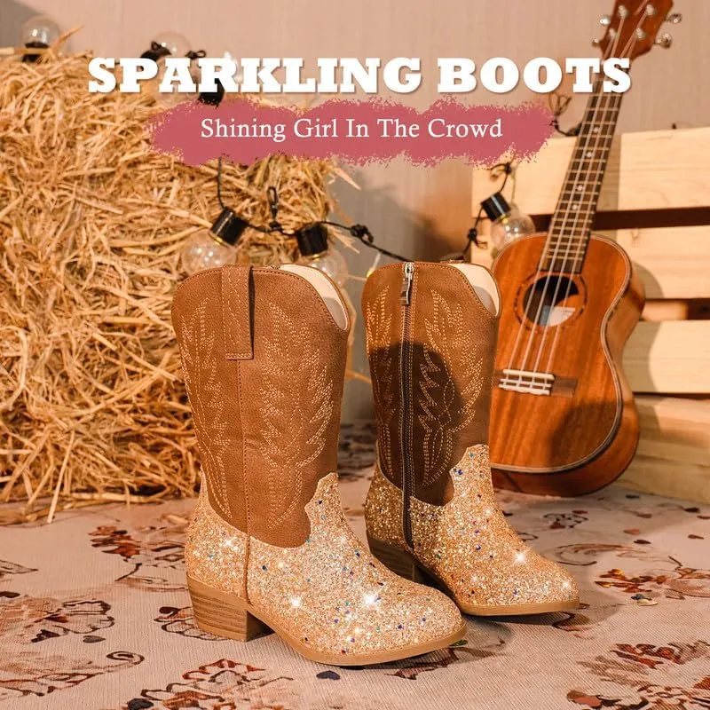 Cowgirl Boots for Little Girls Mid Calf Pointed Toe Kid Cowboy Boots Side Zipper Classic Embroidered Western Boots Horse Riding Shoes Party for Toddler Little Big Kids