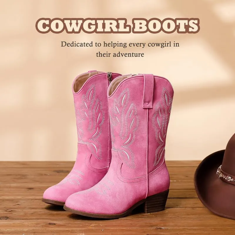 Cowgirl Boots for Little Girls Mid Calf Pointed Toe Kid Cowboy Boots Side Zipper Classic Embroidered Western Boots Horse Riding Shoes Party for Toddler Little Big Kids