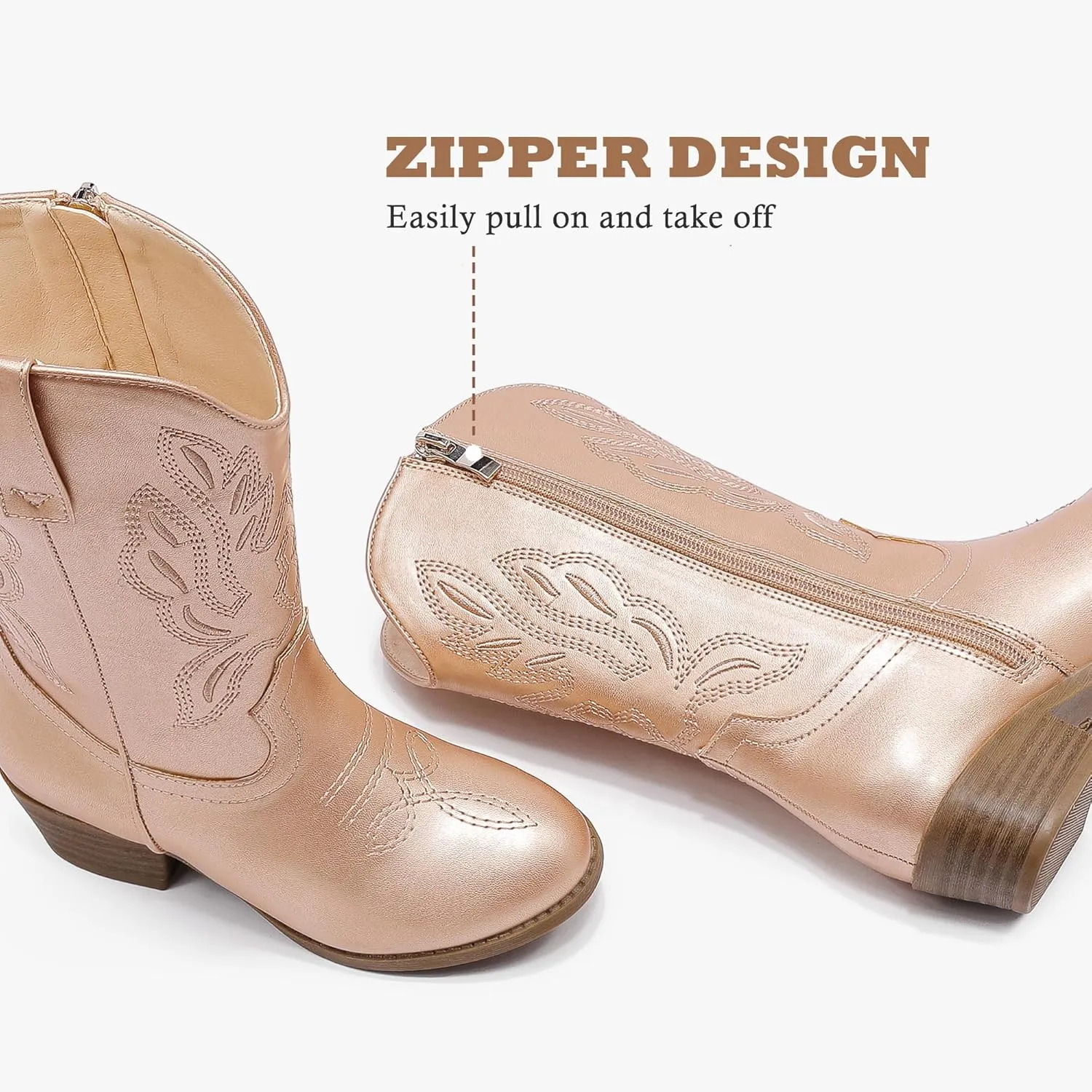 Cowgirl Boots for Little Girls Mid Calf Pointed Toe Kid Cowboy Boots Side Zipper Classic Embroidered Western Boots Horse Riding Shoes Party for Toddler Little Big Kids