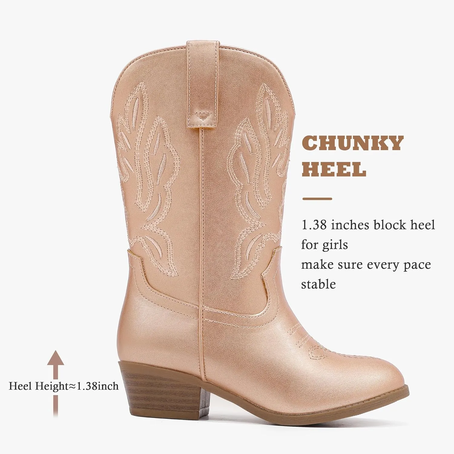 Cowgirl Boots for Little Girls Mid Calf Pointed Toe Kid Cowboy Boots Side Zipper Classic Embroidered Western Boots Horse Riding Shoes Party for Toddler Little Big Kids